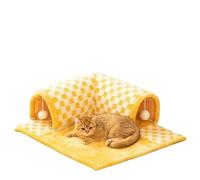 Tunnel pour Chat, Coussin Tunnel, fabriqué en Velours Teint cationique Anti-dérapant et Lavable, avec de la Laine Polaire et de la Mousse durcie 20d. À Carreaux Jaunes (M)