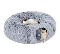 PawHut Tunnel pour Chat Intérieur 2 en 1 avec Lit de Chat en Tissu Suède Doux, Tunnel Chat Rond Pliable en Forme de Donut avec Coussin Circulaire Lavable, Jouet Balle et Trou d'Entrée, Gris Clair