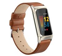 Tuocal Bracelet en cuir compatible pour Fitbit Charge 5 pour femme homme, bracelet de rechange en cuir véritable souple respirant pour Fitbit Charge 5, marron