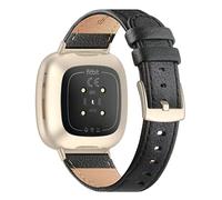 Tuocal Bracelet en cuir véritable compatible avec Fitbit Versa 4/Versa 3/Fitbit Sense pour homme et femme, bracelet de rechange ajusté en cuir véritable doux et respirant, Noir avec boucle dorée,