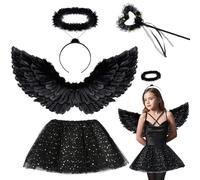 Tuofang Ailes D'anges Noir avec Auréole, 60/80CM Déguisement Ange Femme avec Jupe Tulle, Diable Costume Plumes Aile d'ange pour Carnaval Cosplay (60CM)