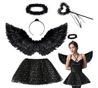 Tuofang Ailes D'anges Noir avec Auréole, 60/80CM Déguisement Ange Femme avec Jupe Tulle, Diable Costume Plumes Aile d'ange pour Carnaval Cosplay (80CM)
