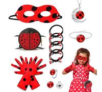 TUONYIS 12 Pièces Déguisement Ladybug Set, Deguisement Ladybug Masque Gants Sac, Deguisement Rouges Costume Accessoires pour Fille, Coccinelle Points Fête Halloween Carnaval Cadeau (Rouges)