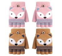 TUONYIS 2 Paires Mitaine Fille Garçon avec Capuchon,Cartoon Gants sans Doigts pour Enfants Mitaines Convertibles Gants à Rabat Tricotés ants Enfant Hiver pour Garçons Filles 3-9 Ans (Marron, Rose)
