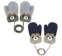 TUONYIS 2 Paires Moufles Bébé Gants Hiver Mitaines Tricoté, Mignon Cartoon Gloves avec Corde Chaud Mitaines avec Doublure Polaire pour Enfants Garçons Filles 0-3 Ans (Bleu marine, Gris)