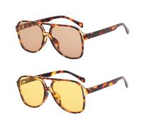 TUONYIS 2 Pièces Lunette de Soleil pour Femmes Hommes,Lunettes de Soleil Rectangulaires Rétro Vision Nocturne,Carrées Vintage à Double Pont Lunettes de Soleil Protection (Léopard jaune, thé léopard)