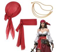 TUONYIS 3 Pièces Pirate Accessoire Deguisement Pirate Femme Set d'accessoires de Costume de Pirate Ceinture Pirate Bandeau Ceinture, Chaîne de Taille, pour La Fête d'anniversaire De Pirate (Rouge)