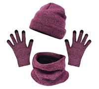 TUONYIS 3 Pièces Tricotés Ensemble d'hiver Bonnet écharpe Gants d'écran Tactile 3 en 1, pour l'hiver pour les sports de plein air quotidiens, Bonnet, Cache-Cou, Gants tactiles à 3 Doigts(Rose Rouge)
