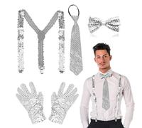 TUONYIS 4 Pièces Accessoires Disco Paillette Set Danse Jazz Déguisement Noeud Papillon à Sequins Cravate à Paillettes Bretelles à Paillettes Pour Déguisement Danse Fête Spectacle de Scène (Argent)
