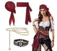 TUONYIS 4 Pièces Ensemble d'Accessoires de Costume de Pirate, Femme Déguisement Pirate, Pirate Cosplay Accessoires, Ceinture Bandana, Bracelet, Chaîne, pour Halloween, Carnaval (Rouge)