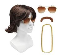 TUONYIS 4 Pièces Hippie Perruque Costume Set, Ensemble de Perruques de mulet pour Hommes des années 80, Perruque Ryan, Lunettes de Soleil, Collier, Fausse Moustache, pour ête à thème carnaval (Marron)
