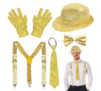 TUONYIS 5 Pièces Accessoires Disco Paillette Set, Chapeau de Danse Jazz Déguisement Noeud Papillon à Sequins Cravate à Paillettes Bretelles Pour Déguisement Danse Fête Spectacle de Scène (Or)