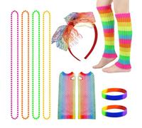 TUONYIS 5 Pièces Deguisement Annee 80 Femme Accessoire Fluo, Bandeau,Colliers,Bracelets,Jambières,Gants En Résille, Déguisement Année 80 Accessoire Femme Fluo, Deguisement Annee 80s (Coloré