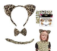 TUONYIS 5 Pièces Ensemble de Costumes Léopard Autocollants Visage Léopard Oreilles Leopard Queue Noeud Papillon pour Halloween Carnaval Costume Fête Anniversaire (Brun)