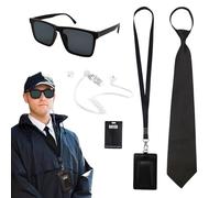TUONYIS 6 Pièces Ensemble D'accessoires D'agent, Ensemble de Costume de Services Secrets, Costume D'espion, avec Lunettes de Soleil, Cravate, Porte Carte, Tube D'écouteur,Carte D'identité(Noir)