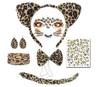 TUONYIS 7 Pièces Déguisement Leopard,Deguisement Chat,Oreilles de Léopard Bandeau Bracelet de Queue,Tatouage Visage pour Carnaval Halloween Fête de Noël Accessoires pour la Fête de la Jungle (Léopard)