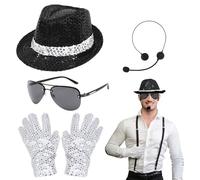 TUONYIS Accessoires de costume pour adulte, costume de cosplay, ensemble de costume du roi de la pop avec chapeau à paillettes, microphone, lunettes de soleil, gants, costume Rocker Star paillettes