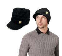 TUONYIS Bonnet d'hiver pour Homme Tricot Thermique, Casquette Shield Unisexe Bonnet, avec Doublure Chauds, Visière, Chapeaux d'hiver (FR/ES, Alpha/Lettres, Taille Unique, Noir)
