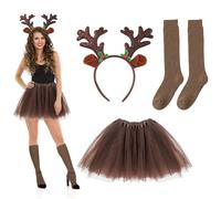 TUONYIS Déguisement Rennette Accessoires Camouflage Noël Comprennent Bandeau, Tutu, Chaussettes Brunes, Carnaval Halloween (Brun)