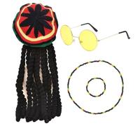 TUONYIS Ensemble rasta 4 pièces - Accessoires de costume reggae - Perruque de dreadlocks tressées jamaïcaines - Lunettes jaunes, bracelet, collier - Pour Halloween, cosplay, bal masqué
