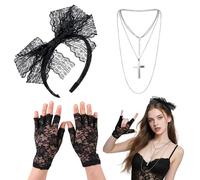 TUONYIS Lot de 3 accessoires de déguisement des années 80, accessoires pour femme, bandeau en dentelle, gants, collier, vintage pour fête rétro pour femme, Noir
