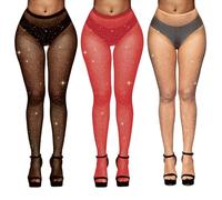 TUONYIS Lot de 3 paires de collants en résille scintillants pour femme - Collants à strass brillants - Collants en résille scintillants, Noir, chair, rouge, Taille unique