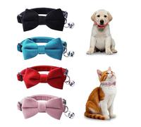 TUONYIS Lot de 4 colliers en velours pour chaton avec clochette et nœud papillon - Collier réglable avec nœud papillon et clochette - Pour animal domestique, mariage (noir, bleu, rose, rouge)