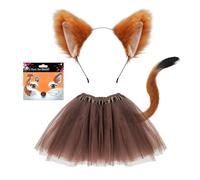 TUONYIS Lot de 4 costumes de renard pour enfants et adultes, fausses oreilles de renard, bandeau, queue, tutu, jupe, tatouage, autocollants, déguisement, cosplay, Halloween, journée mondiale du livre