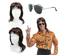 TUONYIS Perruque Mulet Homme, Déguisement Année 70-90, Marron, Punk Halloween Fête Carnaval Cosplay Maquillage (2 Pcs)