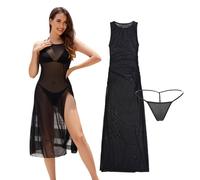 TUONYIS Robe Blouse Transparente et String, Robe en Tissu Maille Transparent à Ouverture Haute, Plage Longue, Cache-Bikini, Maillot de Bain en Mousseline, Tunique de Plage sans Manches (Noir)