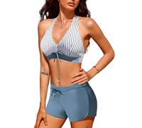 Tuopuda Femme Maillots de Bain Deux Pièces Push-up Chic Taille Haute Bikini Set Col V Élégant pour Les lunes de Miel et Les croisières, Rayé&Bleu, XL