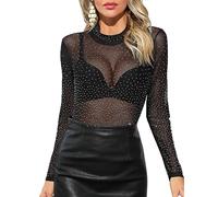 Tuopuda Femmes Body Lingerie Sexy Manches Longues, Bodysuit Résille Rhinestone Maille Haut Top, Justaucorps Danse Babydoll Coquine Hot Transparent Sous-Vêtements Noir, Nior-3, XL
