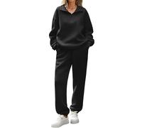 Tuopuda Sweatshirt en Polaire Femme Chaude Veste Ensemble de Salon 2 pièces 1/4 Zippé Sweatshirt à Manches Longues y Pantalon de survêtement Tenue de Sport(Black,XL)