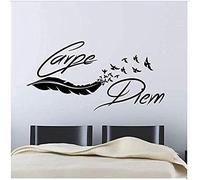 TUOQIANNAN Autocollant Mural Amovible - Carpe Diem Plumes et Oiseaux Design pour Chambre à Coucher, Salon ou décoration de Bureau, Autocollant Mural en Vinyle Noir 45 x 90 cm