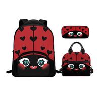 Tuoxiukan Sac à dos d'école mignon en forme de coccinelle pour filles de 4 à 6 ans, sac à livres léger avec boîte à déjeuner et trousse à crayons, cadeau 3 en 1 pour la rentrée scolaire des enfants