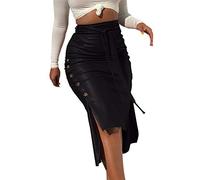 TUOYDJA Jupe en Cuir, Jupe en Cuir pour Femmes Femmes branchées Puce Cuir Midi Jupe Midi Couleur Solide Taille Haute Bouton de Lacets de Lacets Slim Maigre Jupe Crayon for Dames(Black,XL)