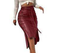 TUOYDJA Jupe en Cuir, Jupe en Cuir pour Femmes Femmes branchées Puce Cuir Midi Jupe Midi Couleur Solide Taille Haute Bouton de Lacets de Lacets Slim Maigre Jupe Crayon for Dames(1,S)