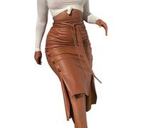 TUOYDJA Jupe en Cuir pour Femmes Branchées - Midi Taille Haute avec Bouton de Lacets, Coupe Crayon Slim, Couleur Solide Auburn (L)