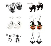 TUPARKA 6 Paires Halloween Boucles d'oreilles, tête de Citrouille Squelette crâne Chauve-Souris araignée fantôme Chat Noir Charme Oreille Boucles d'oreilles Ensemble de Bijoux décorations de fête d'H