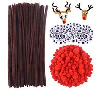 TUPARKA 650 Pcs Noël Renne DIY Craft Set, y Compris 70 Pcs Chenille Nettoyeurs de Pipes Brown, 320 Pcs Yeux écarquillés, 260 Pcs Pompons Pom Poms Rouge Nez Rouge pour Artisanat