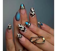 Tupenofif Press On Nails Lang, 24 pièces de faux ongles mandel forme motif vache turquoise marron western cowboy boho imprimé animal french 3D pierres gel doux réutilisable kit manucure faux ongles