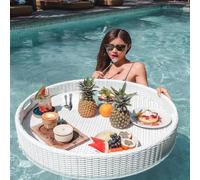 TUPOSTAR Plateau De Service Rond en Rotin Tressé, Plateau Flottant pour Petit-DéJeuner en Rotin avec PoignéEs, Flotteurs De Piscine, pour Bancs De Sable, Bains Et FêTes,Blanc,60 * 60cm