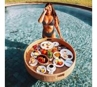 TUPOSTAR Plateau De Service Rond en Rotin Tressé, Plateau Flottant pour Petit-DéJeuner en Rotin avec PoignéEs, Flotteurs De Piscine, pour Bancs De Sable, Bains Et FêTes,Almond,60 * 60cm