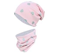 TupTam Ensemble Enfant Bonnet et Écharpe Tube, Coeurs Scintillants Gris/Rose Poudré Gris Chiné, 54-56