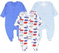 TupTam Grenouillère Bébé Garçon Pyjama Manches Longues avec Pied Lot de 3, Dinosaure à Rayures Bleu-Gris, 68