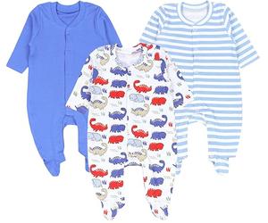 TupTam Grenouillère Bébé Garçon Pyjama Manches Longues avec Pied Lot de 3, Dinosaure à Rayures Bleu-Gris, 68
