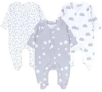 TupTam Grenouillère Bébé Garçon Pyjama Manches Longues avec Pied Lot de 3, Nuages Blancs et Gris, étoiles et Points, 86