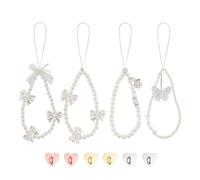 TURAOHU Lot de 4 bracelets à breloques pour téléphone, porte-clés avec perle papillon et fleur avec crochet à breloque, joli bracelet de perles pour appareil photo, portefeuille, pendentif décoratif