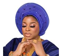 Turban africain à perles : têtes classiques Gele pour mariages et occasions spéciales, bleu royal, 5 1/8-6 1/4