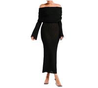 Turban de nuit en tricot avec épaules dénudées pour femme, formelle, manches longues, élégant, pour cocktail, fête, midi, maxi robes chapeau de montagne, Noir , Large